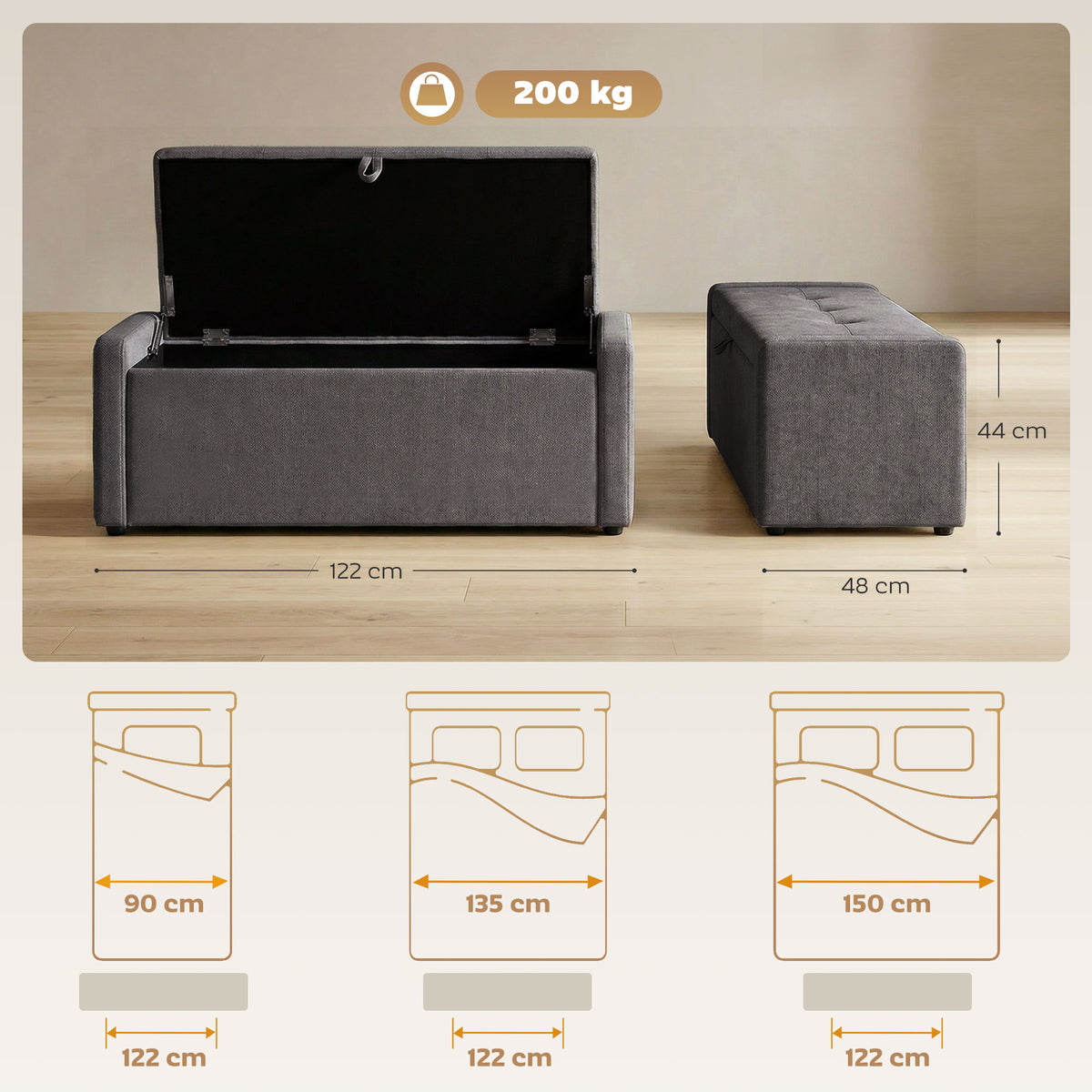 Banco de Arrumação Banco ao Pé da Cama Apoio para Pés Estofado em Linho com Assento Amplo 122x48x44 cm Cinza Escuro — foto 2