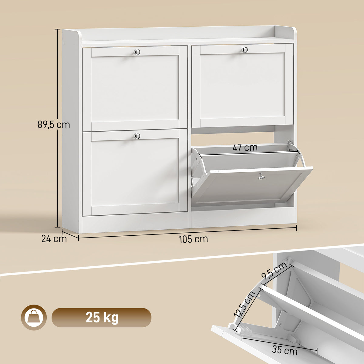 Sapateira Estreita com 4 Gavetas Basculantes, Divisórias Ajustáveis e Portas Shaker, para 12-16 Pares, 105 x 24 x 89,5 cm, Branco — foto 2