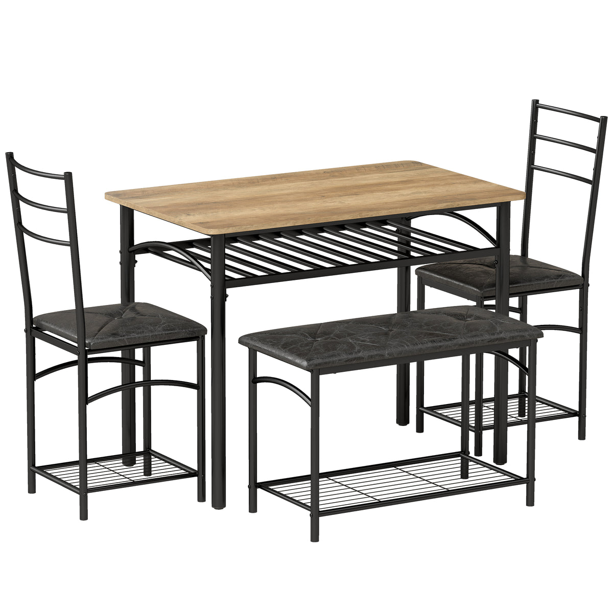 Conjunto de Jantar 4 Peças Mesa de Cozinha Industrial com 2 Cadeiras e Banco para 4 Pessoas Assentos Estofados em Couro PU Castanho — foto 1