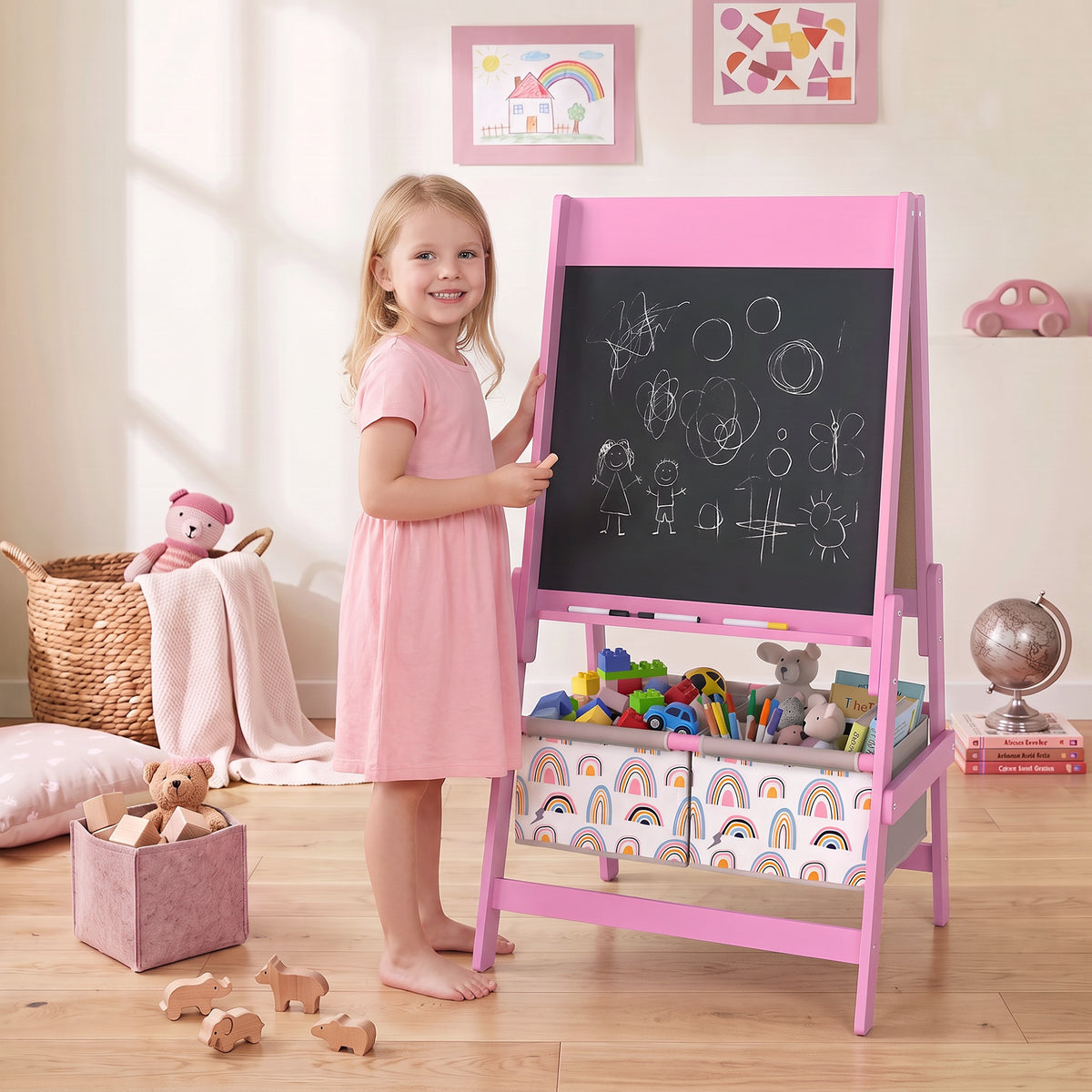 Cavalete Infantil 3 em 1 com Quadro de Giz, Quadro Branco, Rolo de Papel e Arrumação, Rosa, 3-8 Anos — imagem 3
