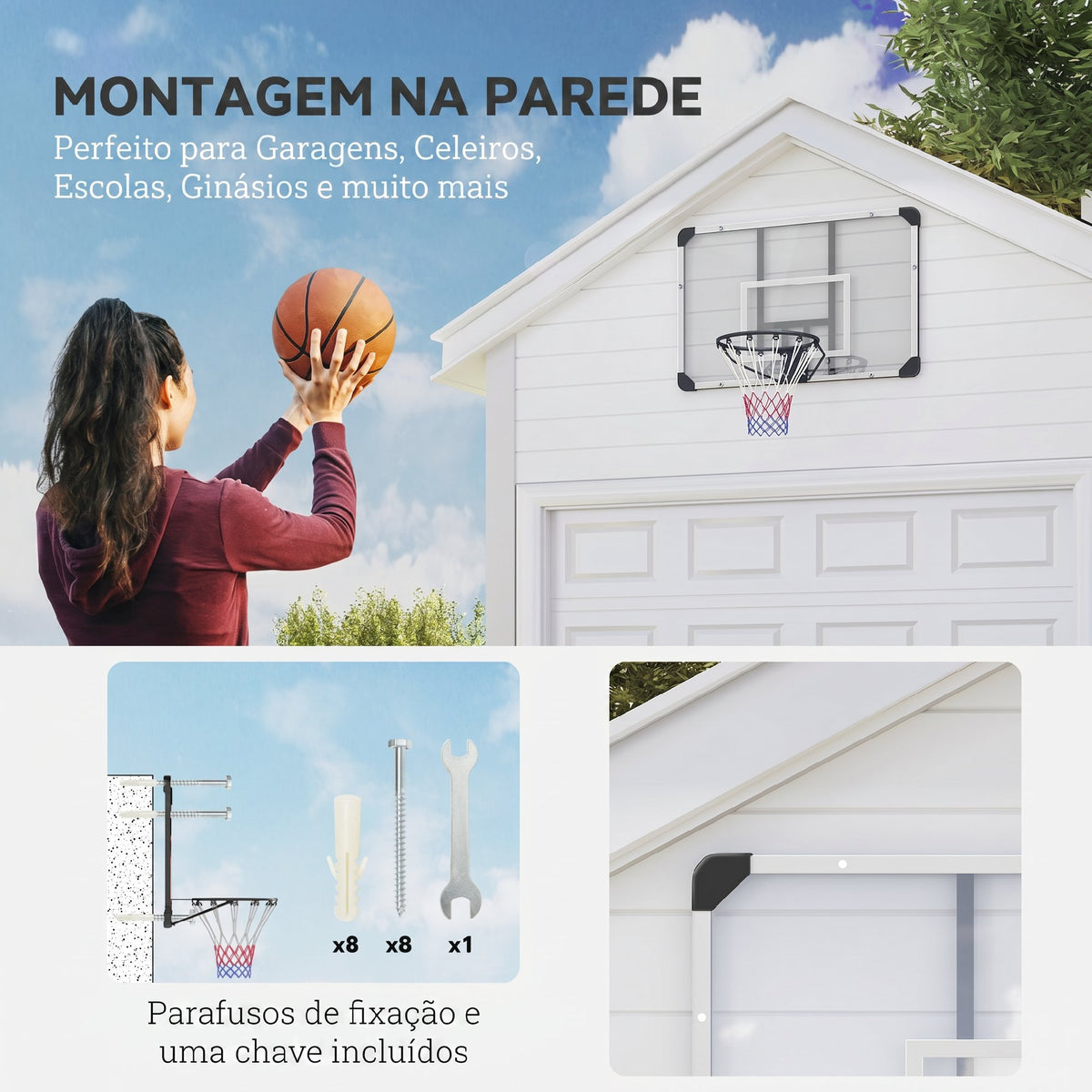 Tabela de Basquetebol de Parede com Aro, Rede e Estrutura em Aço para Exterior, 113x61x73 cm, Branco e Preto — imagem 7