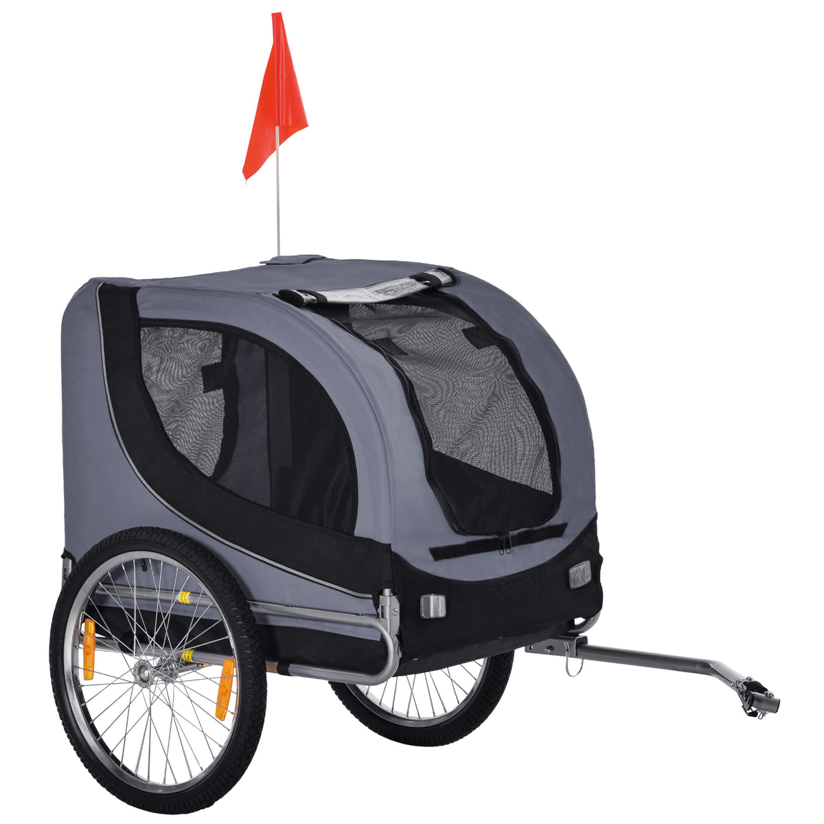 Reboque para Bicicleta de Cães Tamanho Médio com Janelas Laterais e Bandeirinha, 130x73x90 cm, Cinza e Preto — foto 1