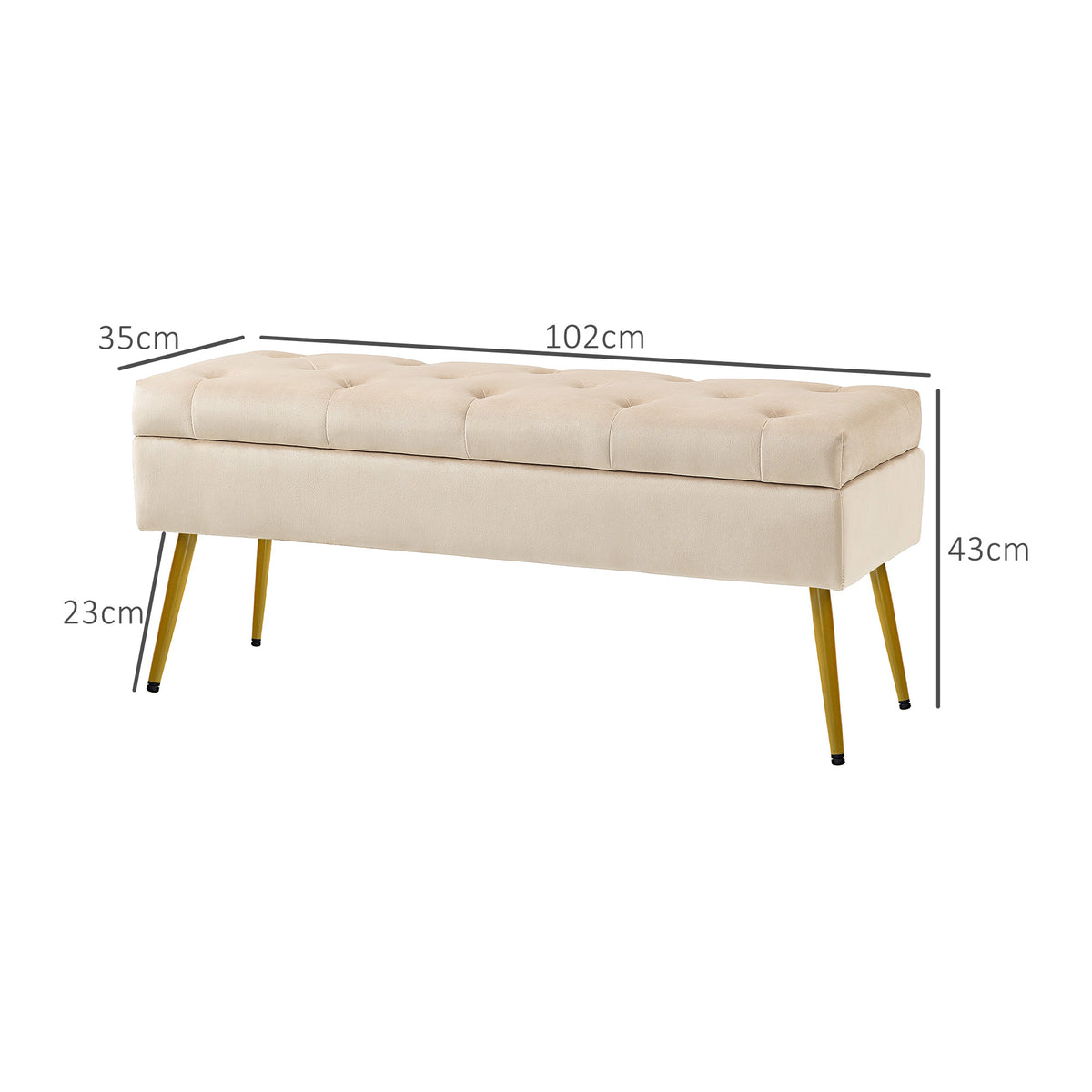 Banco com Arrumação em Visual Aveludado Pufe Estofado com Design Capitonê Estrutura Metálica 102x35x43 cm Bege — foto 2