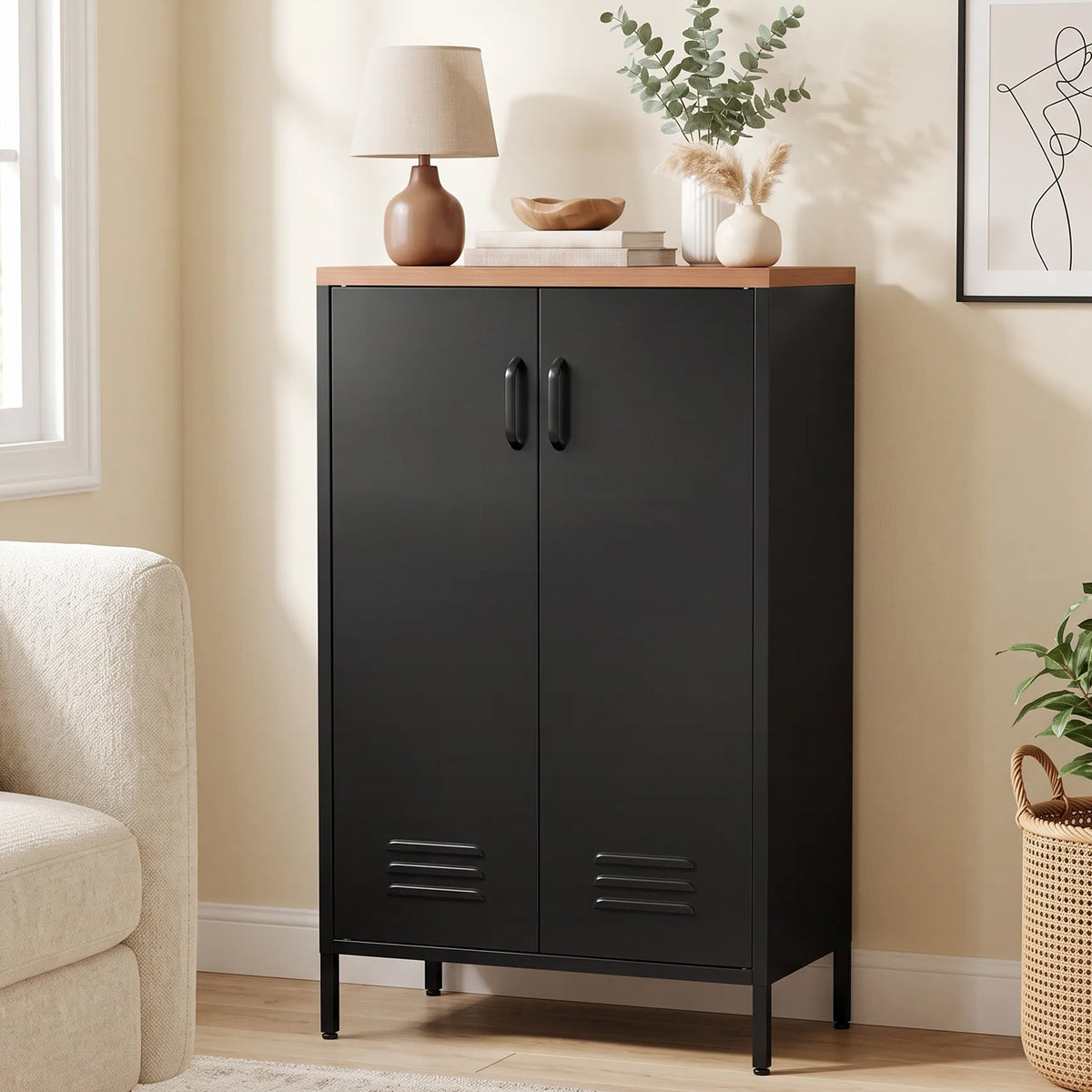 Cómoda em Metal com 2 Portas e Prateleira Regulável para Sala Escritório Preto — imagem 3