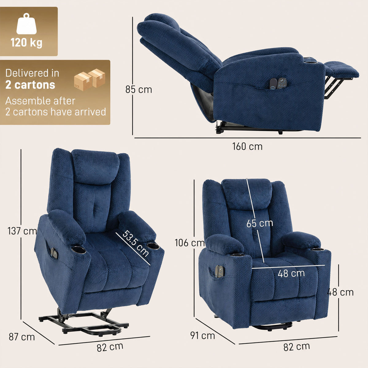 Poltrona Relax Reclinável Elétrica Elevatória para Idosos com Massagem, Calor, Porta-Copos, Comando e Bolsos Azul-Escuro — foto 2
