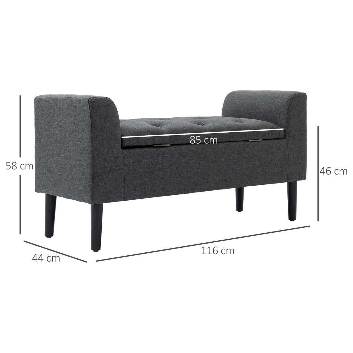 Banco com arrumação, banco estofado com aspecto de linho, pernas de madeira, banco suportando até 130 kg, para sala de estar quarto entrada, 116 x 44 x 58 cm Cinza escuro — foto 2