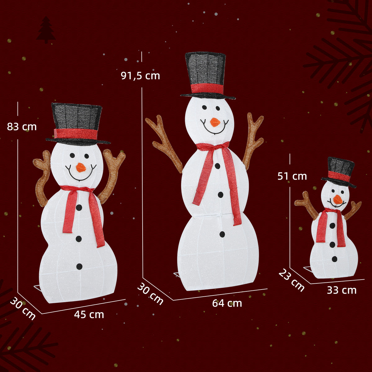 Família de 3 bonecos de neve natalinos, Decoração Externa, Luzes LED, Estacas, à prova d'água, Aço, Poliéster, Branco — foto 2