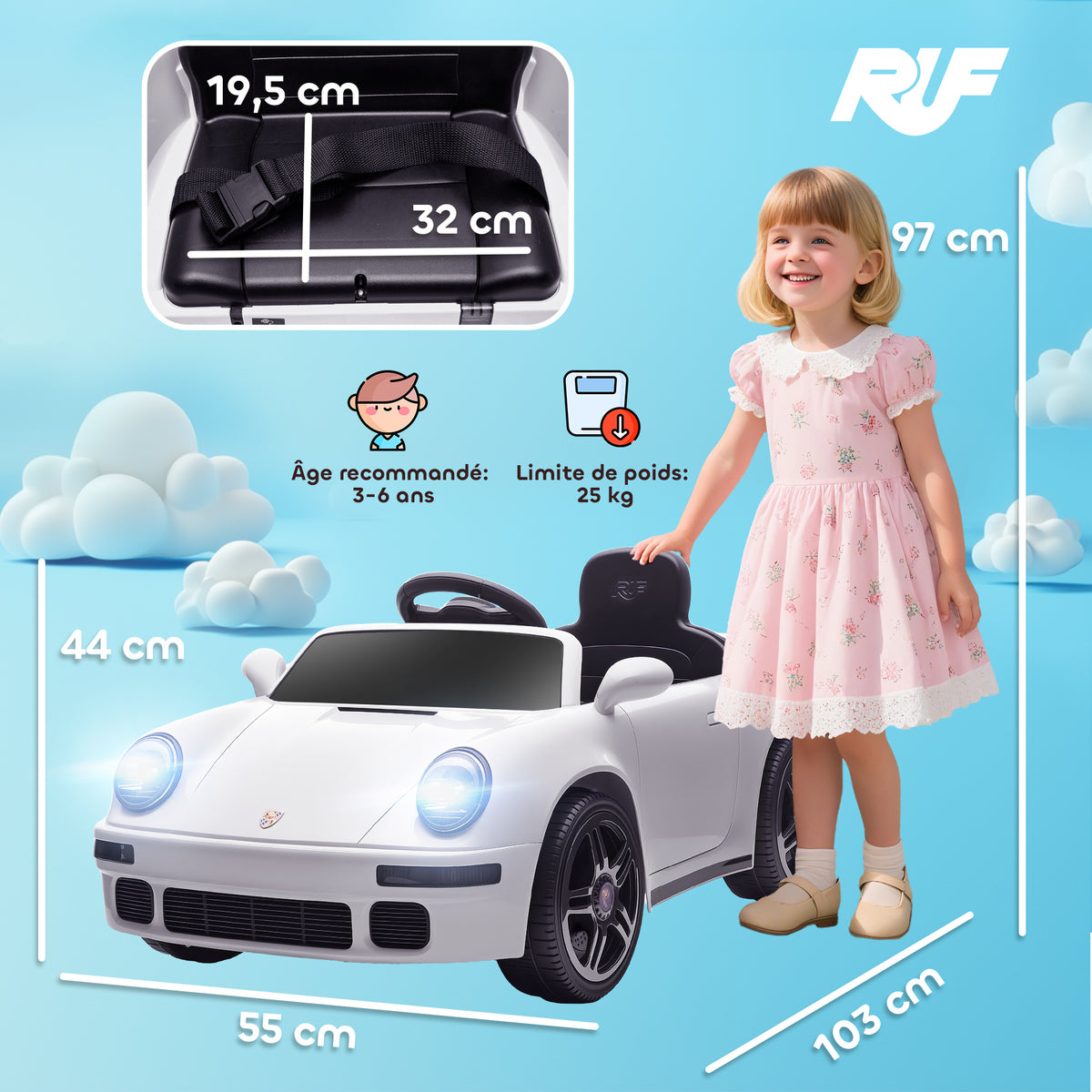 Carro Elétrico Infantil 12 V Licença Ruf Ctr 2017 Comando 2,4G Luzes e Música 103x55x44 cm Branco — foto 2