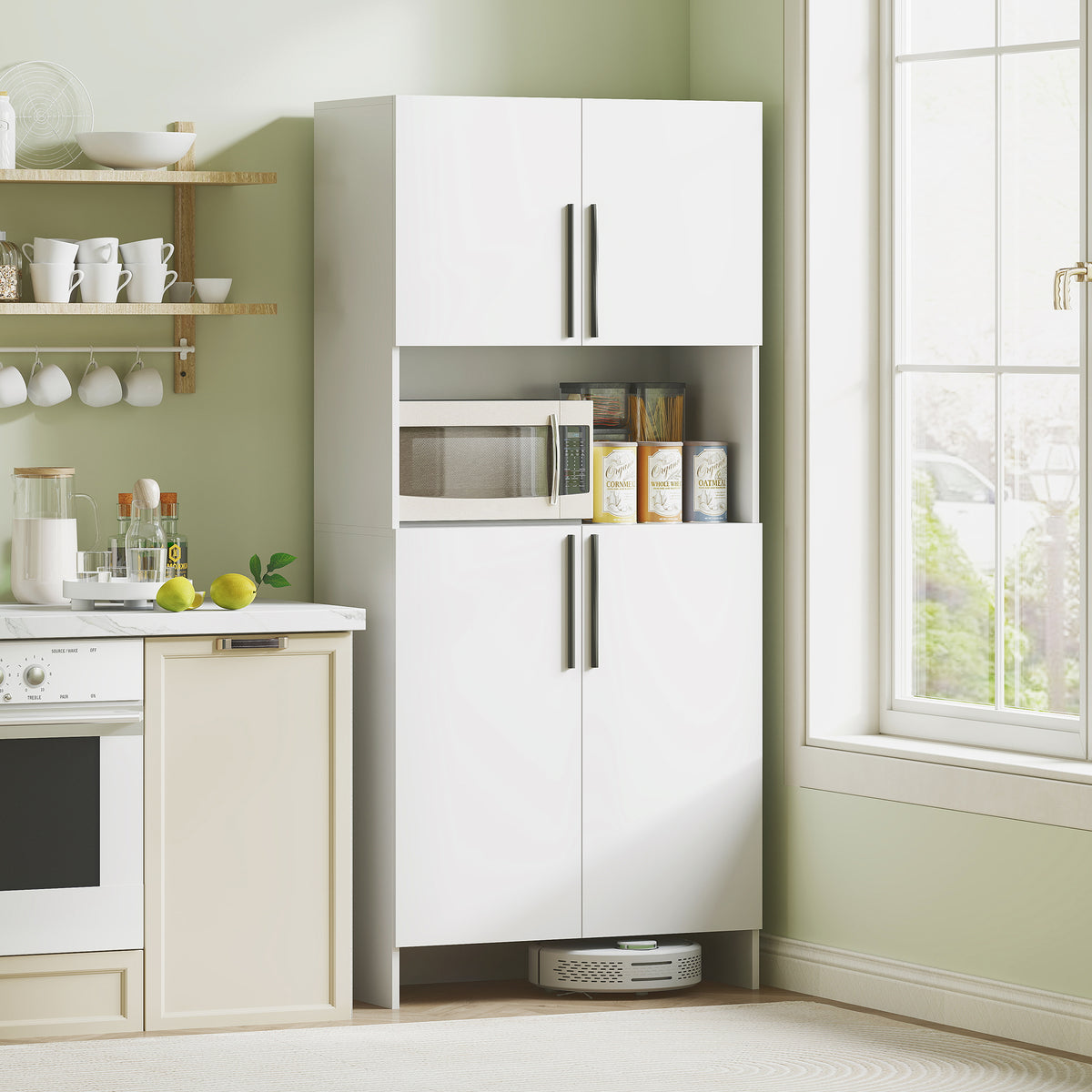 Armário de cozinha, armário despensa para cozinha, sala de estar, sala de jantar, armários, prateleiras, suporte para micro-ondas, aglomerado, Branco — imagem 3
