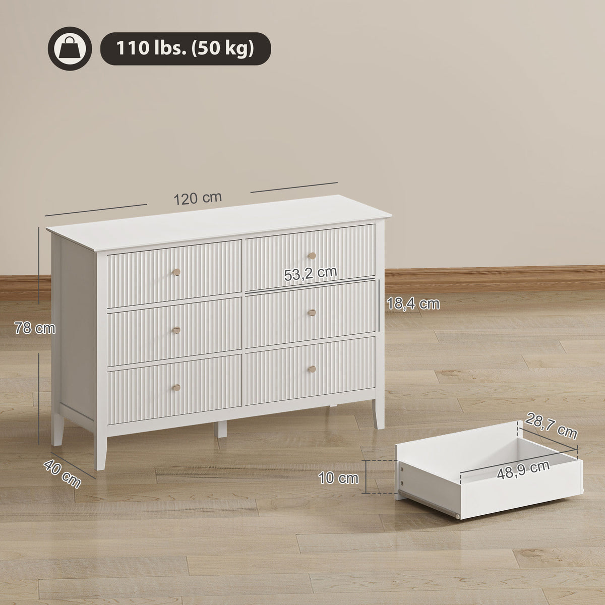 Cômoda para Quarto Canelada com 6 Gavetas, Puxadores e 5 Pés para Corredor Sala Entrada, Branco — foto 2