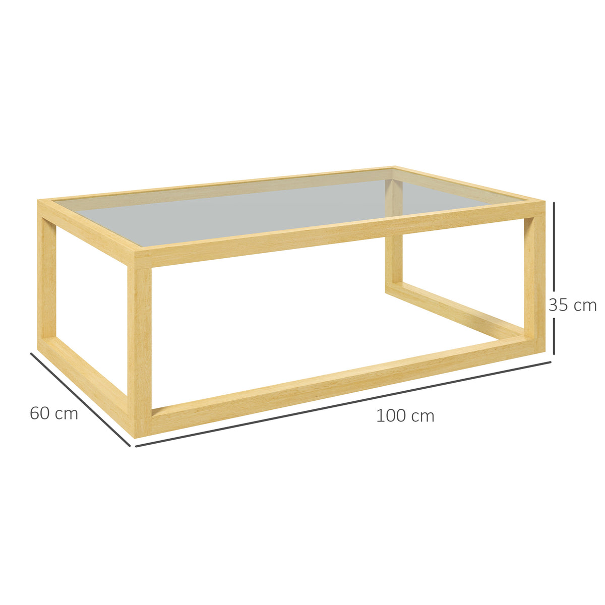 Mesa de centro retangular para sala com tampo em vidro temperado estrutura em madeira de hévea dim. 100L x 60l x 35H cm — foto 2