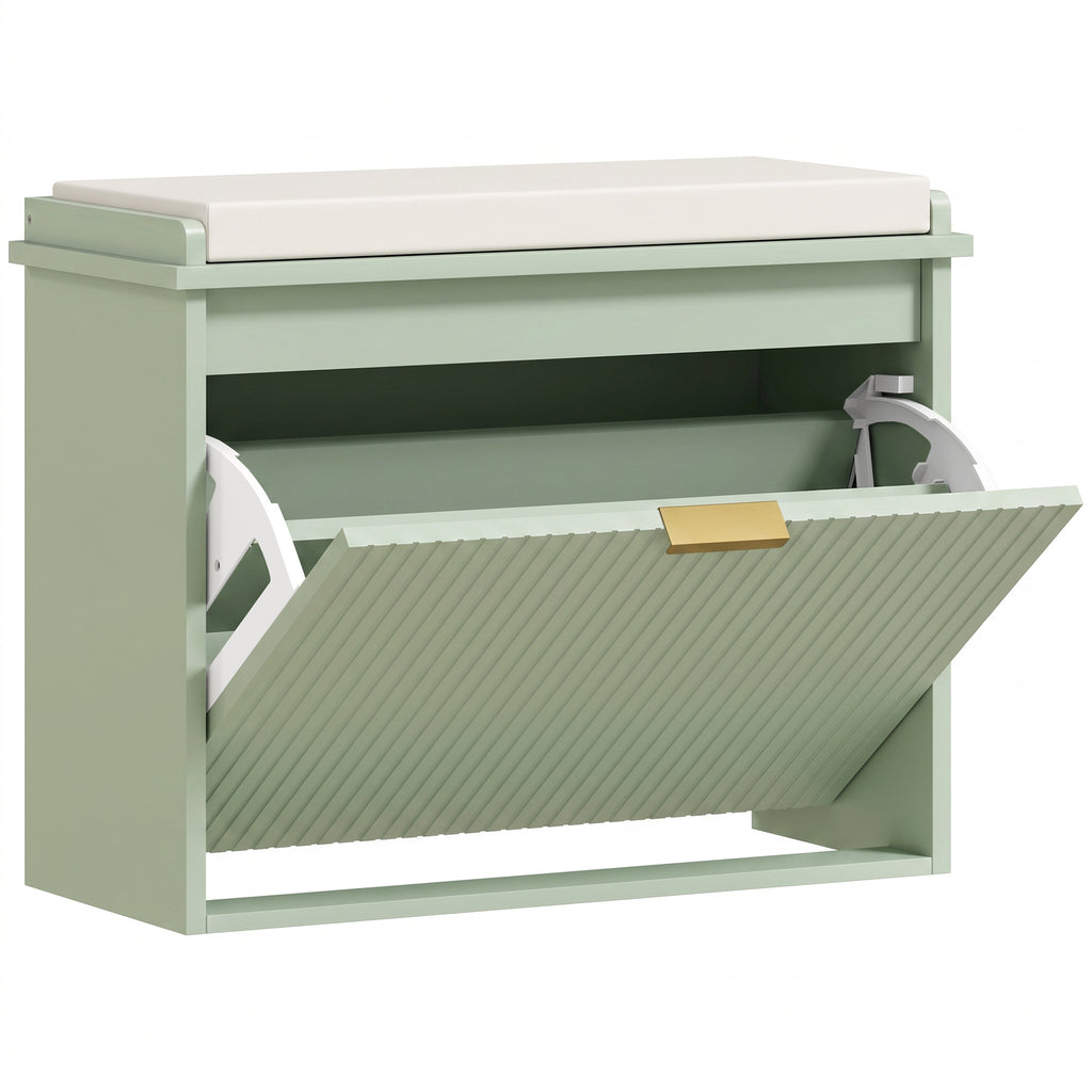 Banco para Sapatos com Assento Acolchoado e Gaveta Rebatível para Corredor Quarto 62x26x47,5 cm Verde — foto 1