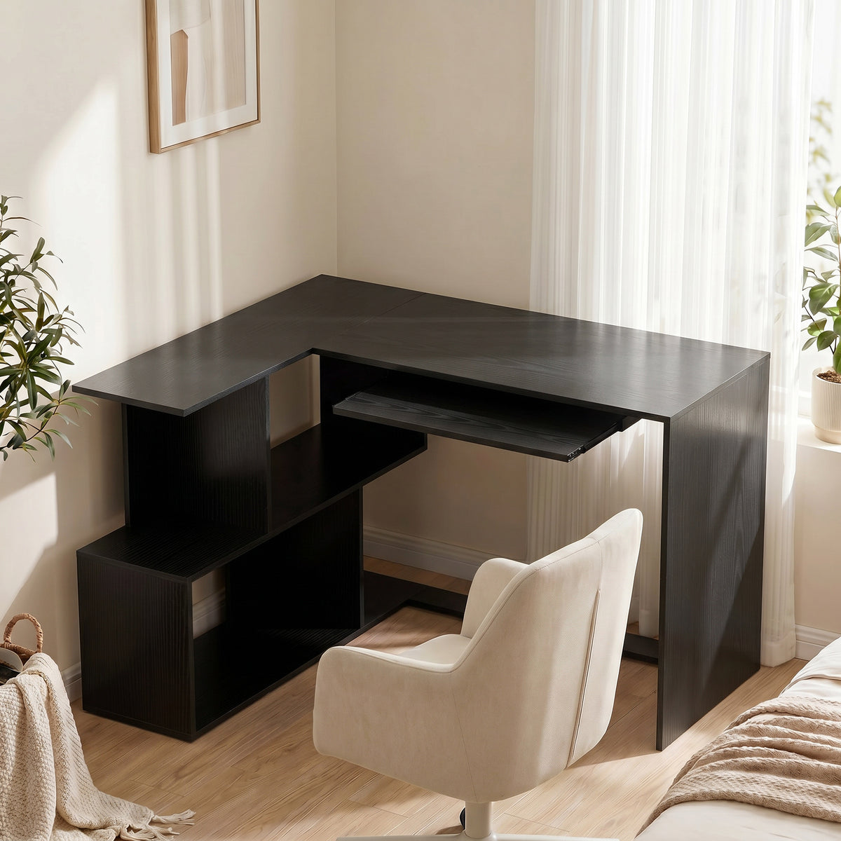 Escrivaninha de Canto 120x100x76 cm Mesa de Computador em L com Tampo para Teclado 4 Compartimentos Abertos Preto — imagem 3