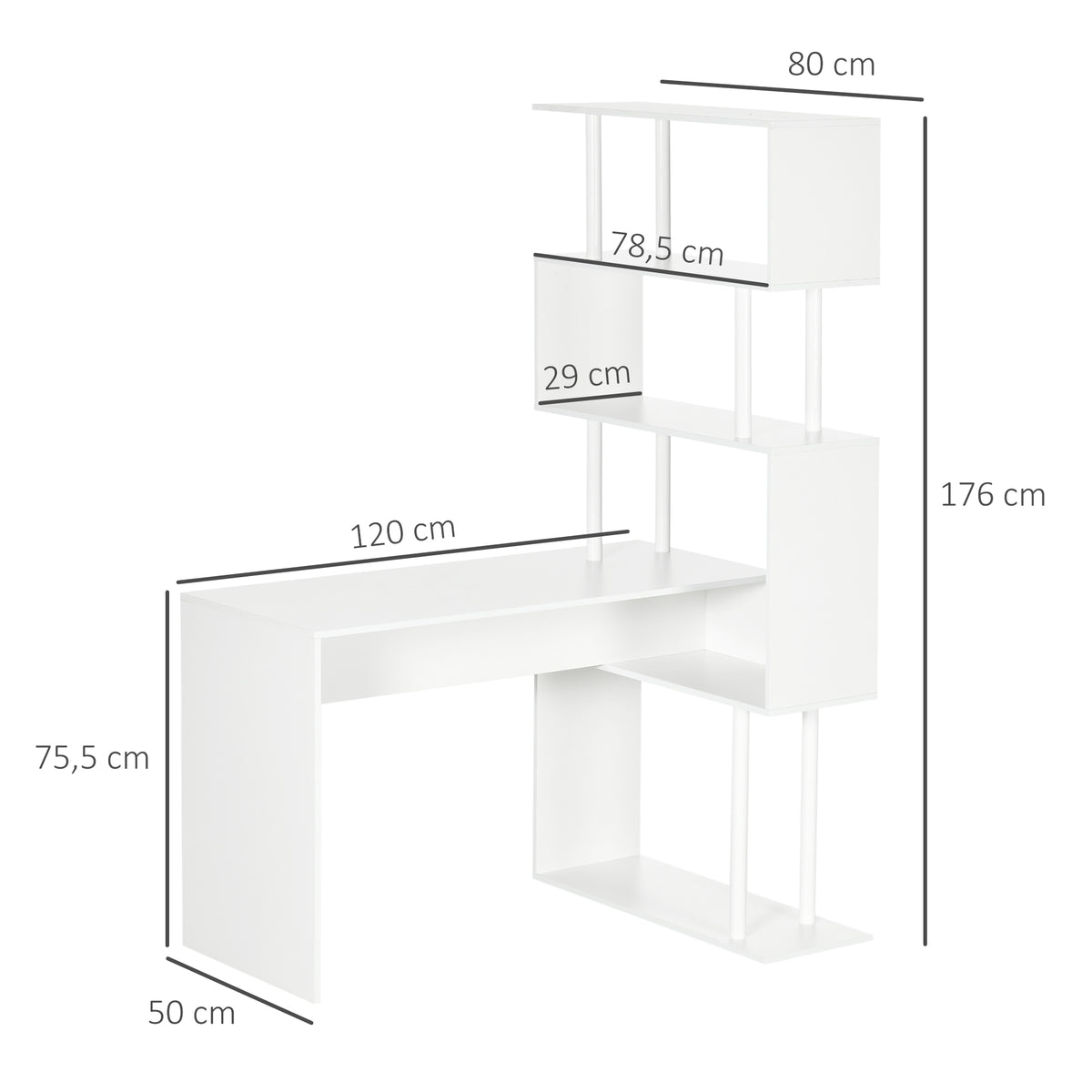 Secretária de Canto Secretária de Computador em Forma de L com Prateleiras de 4 Níveis em Madeira 120x80x176 cm Branco — foto 2