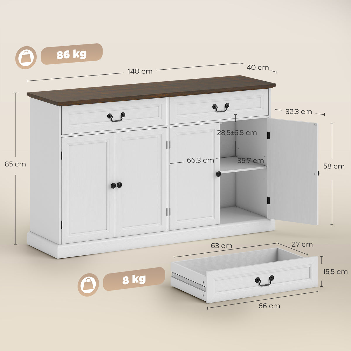 Aparador de sala, móvel de arrumação com 4 portas, 2 gavetas silenciosas, prateleiras reguláveis, 140x40x85cm, branco e castanho — foto 2
