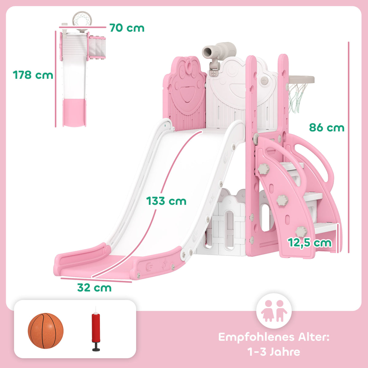 Conjunto de escorrega 5 em 1, telescópio, cesto de basquete, HDPE, plástico, Rosa+Branco — foto 2