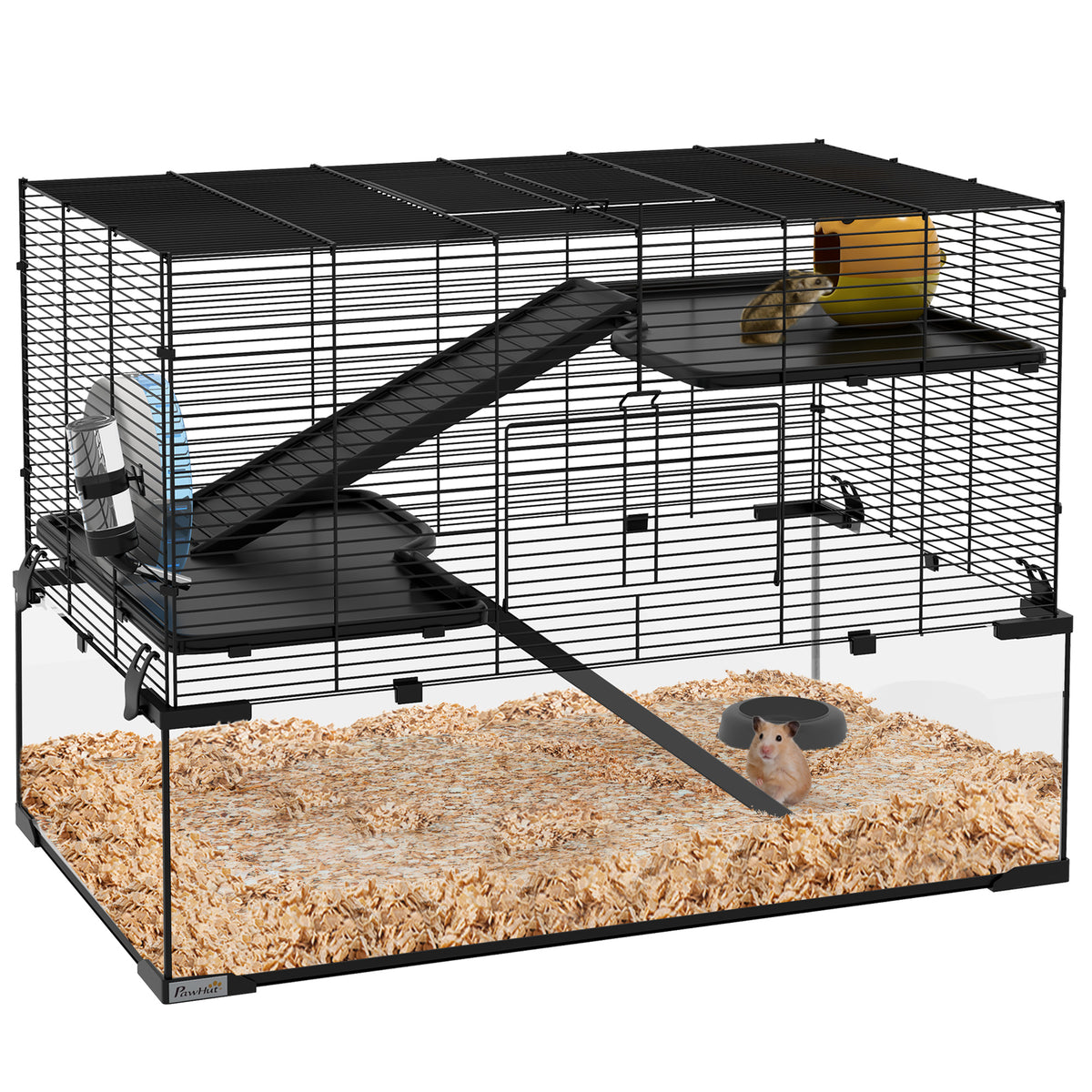 Gaiola para Hamster Gaiola para Roedores 3 Níveis com Roda Rampas Casinha Bebedouro Comedouro 76,5x48,5x54,5 cm Preto — foto 1