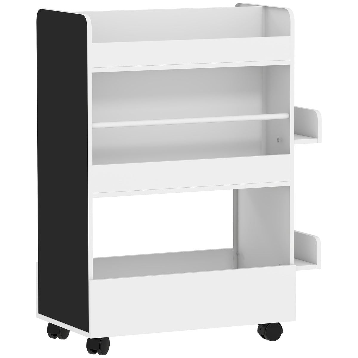 Estante de livros infantil com 4 prateleiras, compartimento de base, 2 laterais, quadro, rodas, para 3–8 anos, 66,5x32,5x86,5 cm Branco — foto 1