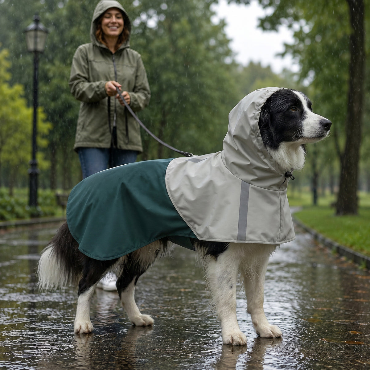 Impermeável para Cães com Capuz Orifício para Trela e Tiras Refletoras para Cães de Porte Médio Verde — foto 2