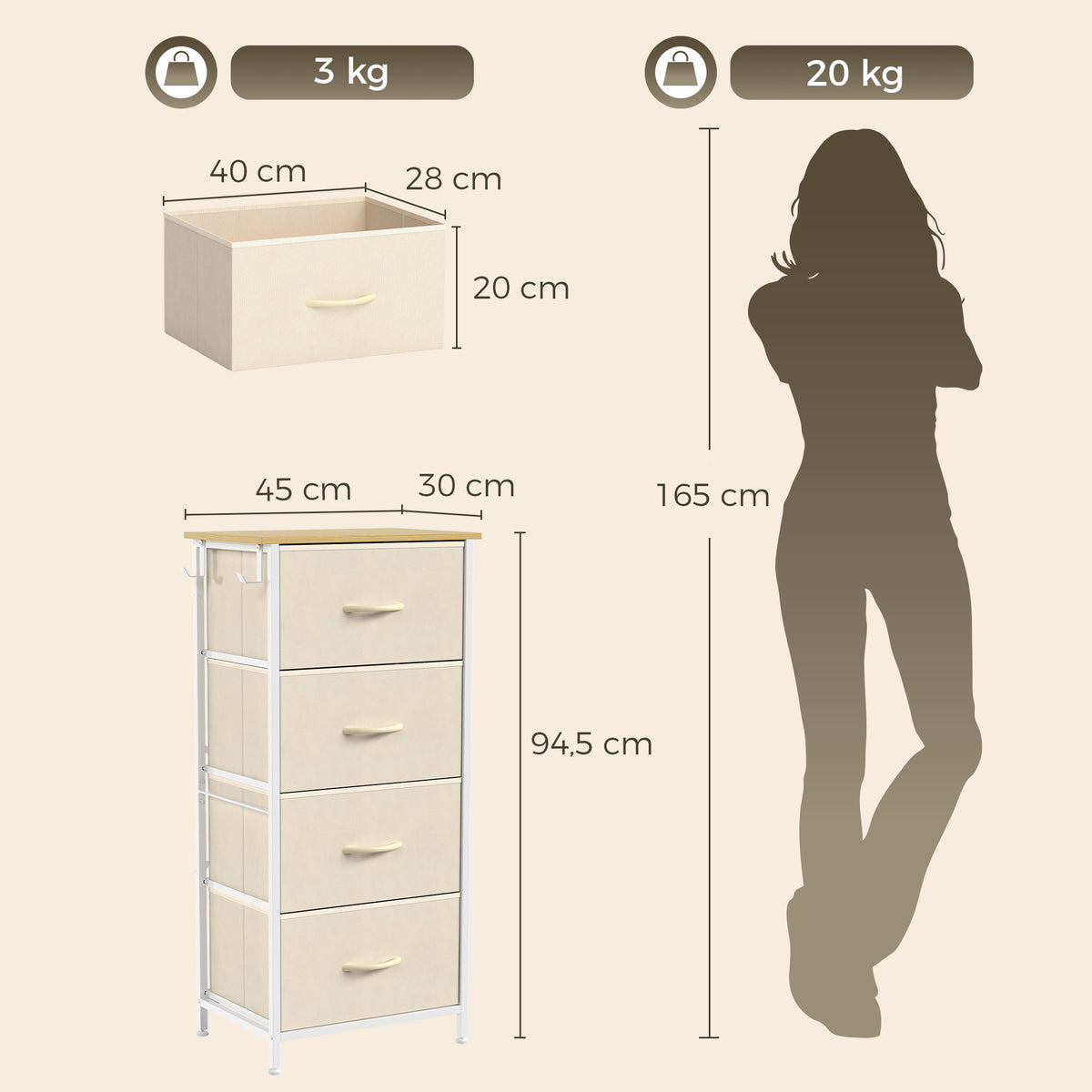 Cómoda com 4 Gavetas em Tecido Móvel Alto Bege — foto 2
