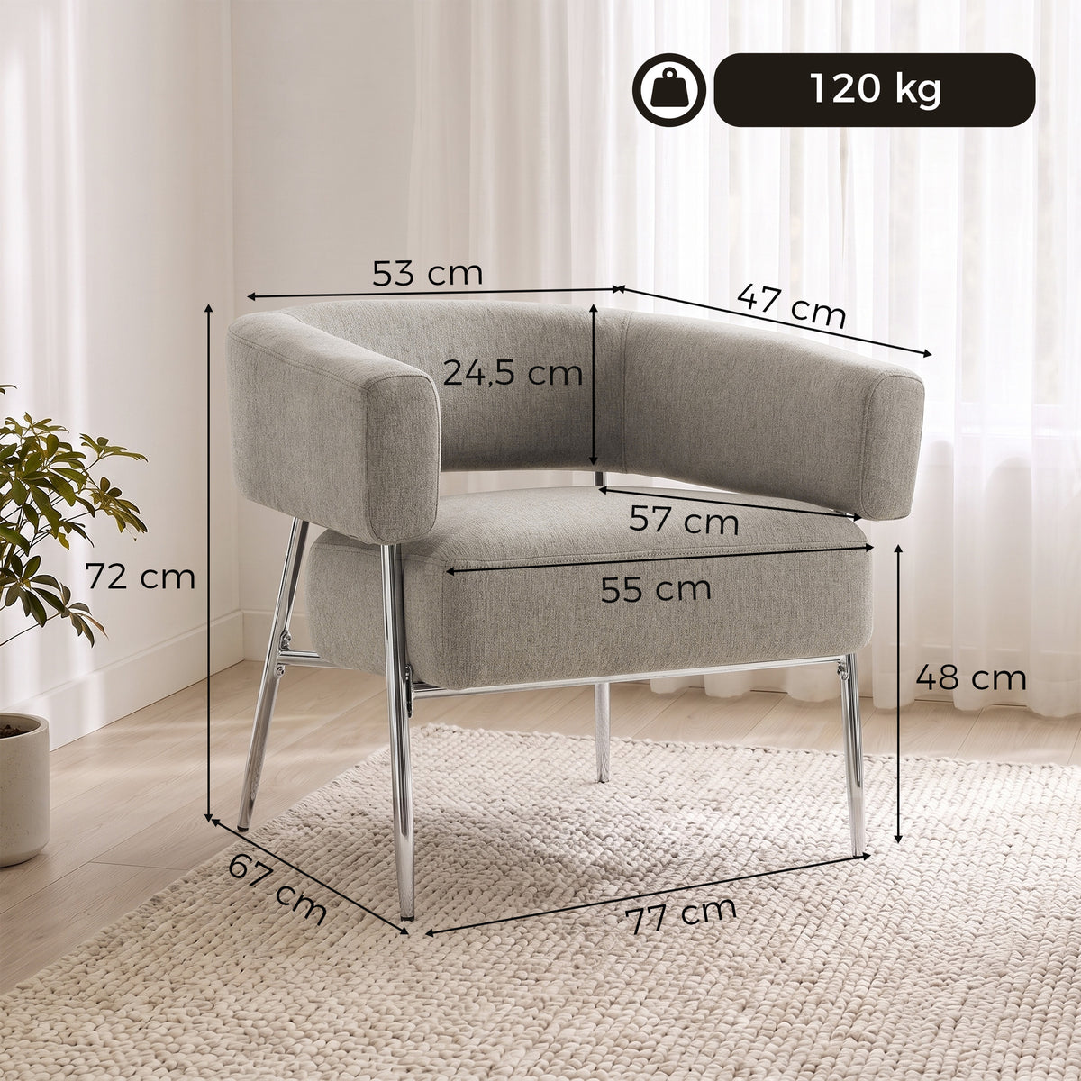 Poltrona de Sala, Poltrona de Apoio Acolchoada em Tecido Efeito Linho, Encosto Curvo e Braços, Estilo Moderno, Castanho — foto 2