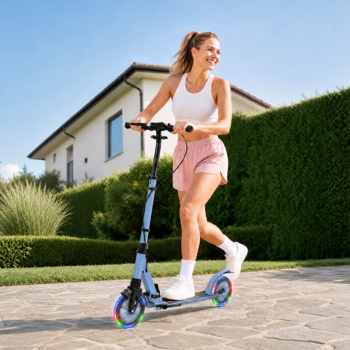 Trotinete Dobrável para Adolescentes e Adultos com Rodas Luminosas, Guiador Ajustável, Travão Duplo e Suspensão, Azul — imagem 3