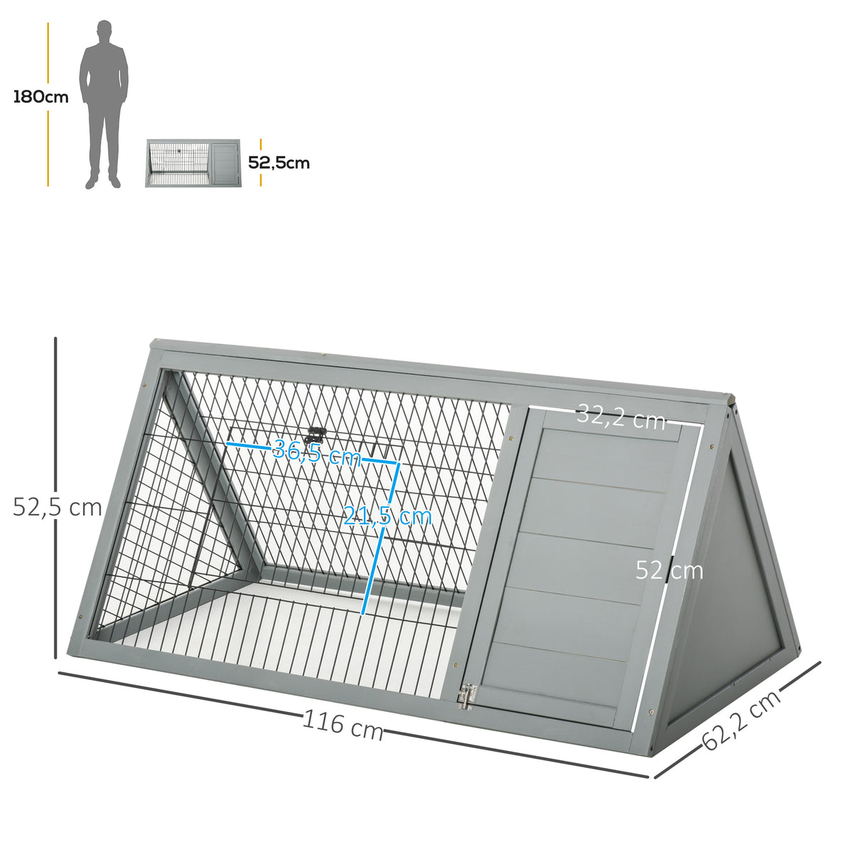 Gaiola Triangular para Coelhos Casinha Recinto Pinho 116x62,2x52,5 cm Cinza — foto 2