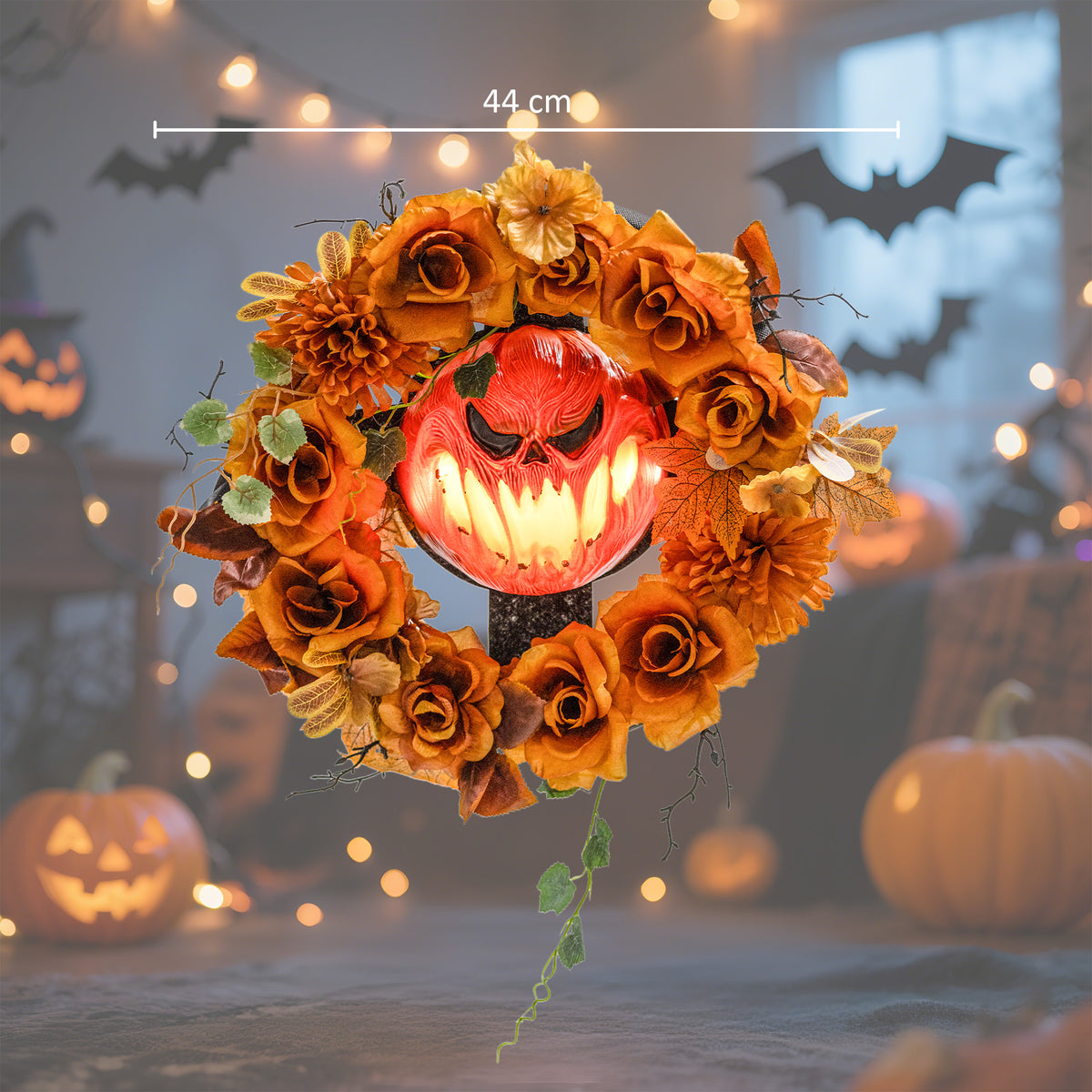 Coroa de Halloween Design de Abóbora Assustadora Folhas de Outono Efeitos de Luz Plástico — foto 2