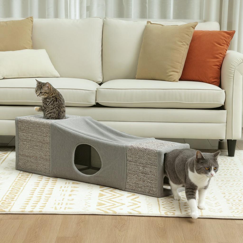 Túnel para Gatos de Interior Encaixável com Múltiplas Entradas, Tocas em Sisal e Bola Suspensa, 98x30x30 cm, Cinzento — imagem 7