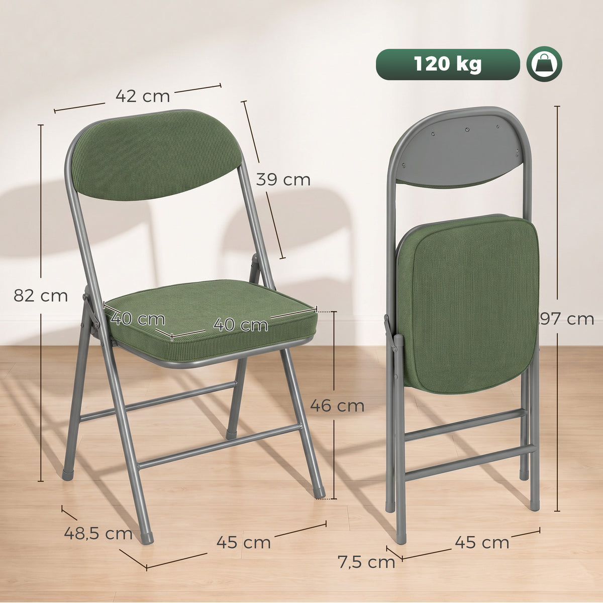 Conjunto de 2 cadeiras dobráveis para sala de jantar portáteis com assentos e encostos acolchoados em veludo cotelê verde — foto 2