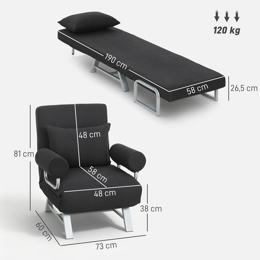 Poltrona 3 em 1 Sofá Cama Individual Almofadas Lombar e de Braços Base Metálica Linho 73x78x81 cm Preto — foto 2