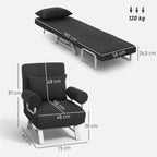 Poltrona 3 em 1 Sofá Cama Individual Almofadas Lombar e de Braços Base Metálica Linho 73x78x81 cm Preto — foto 2