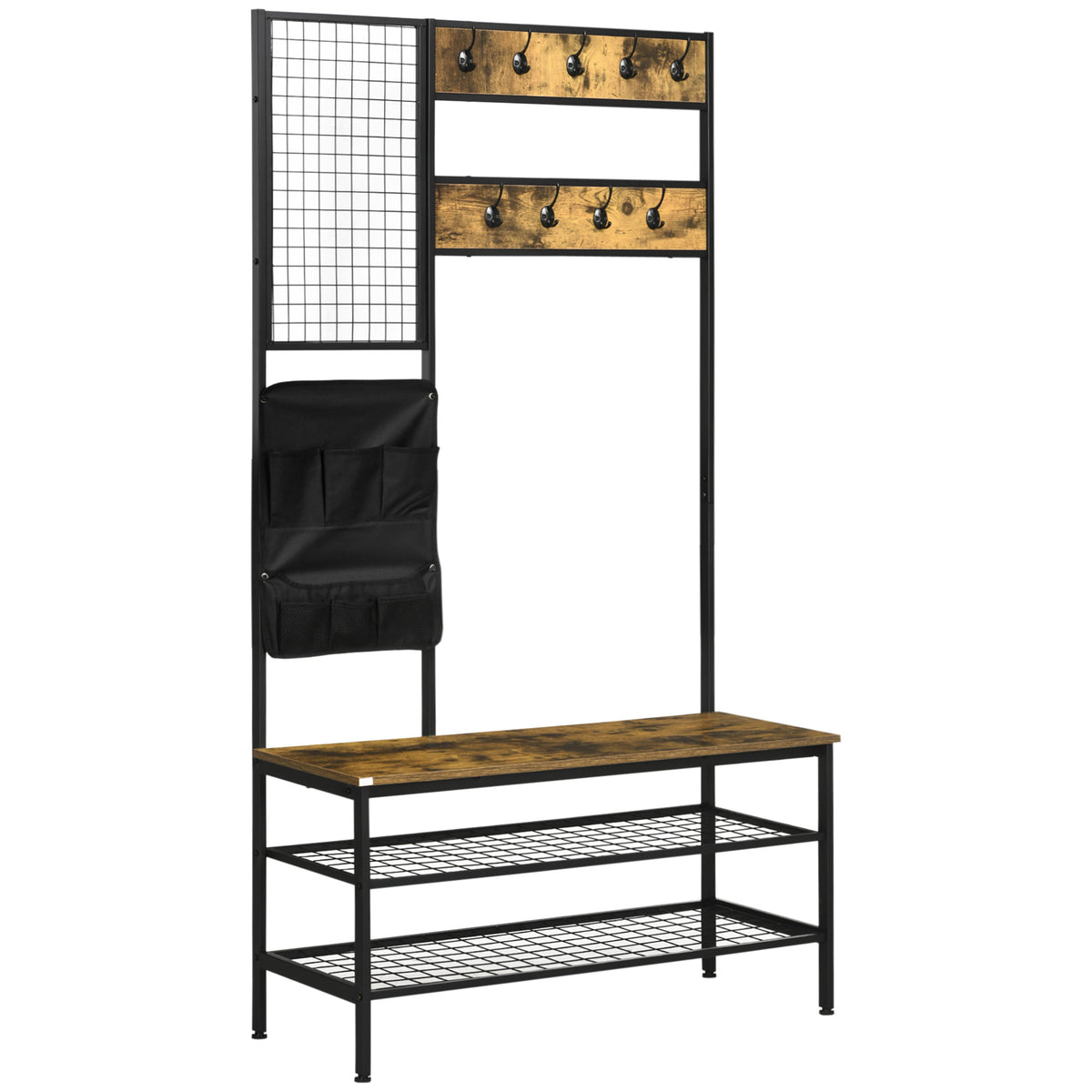 Móvel Cabide de Entrada em Design Industrial 1 Quadro de Recados 1 Banco para Sapatos 8 Ganchos para Roupa 1 Bolsa de Armazenamento Preto e Castanho — foto 1