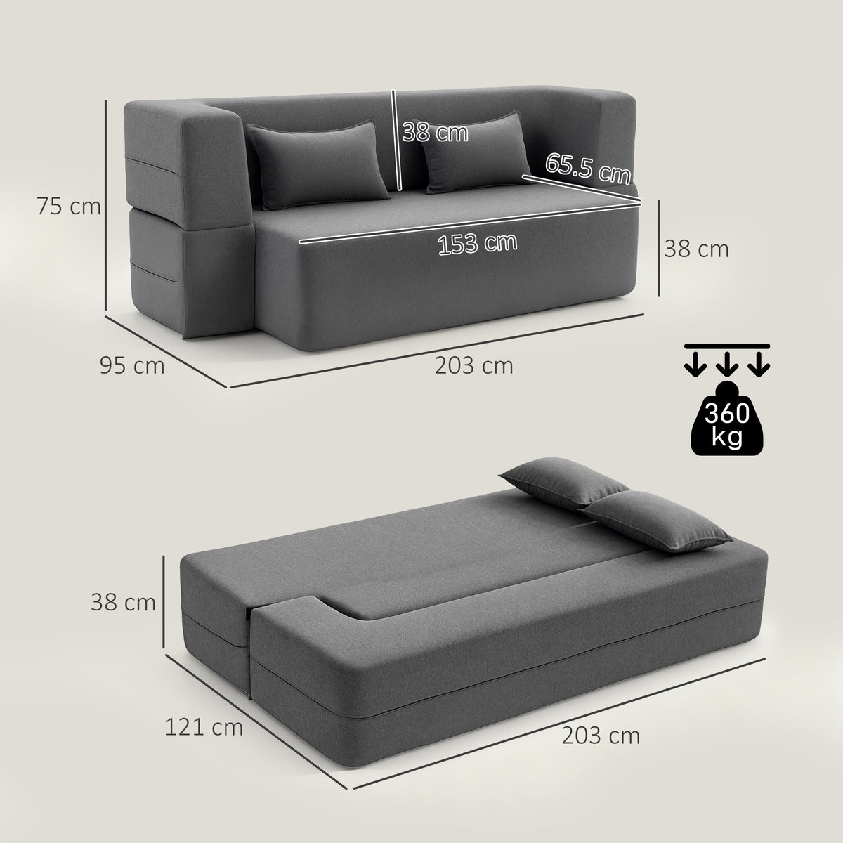 Sofá conversível 2 lugares, sofá-cama em chenille, assento e apoios de braço largos 2 almofadas, totalmente comprimido, cinza — foto 2