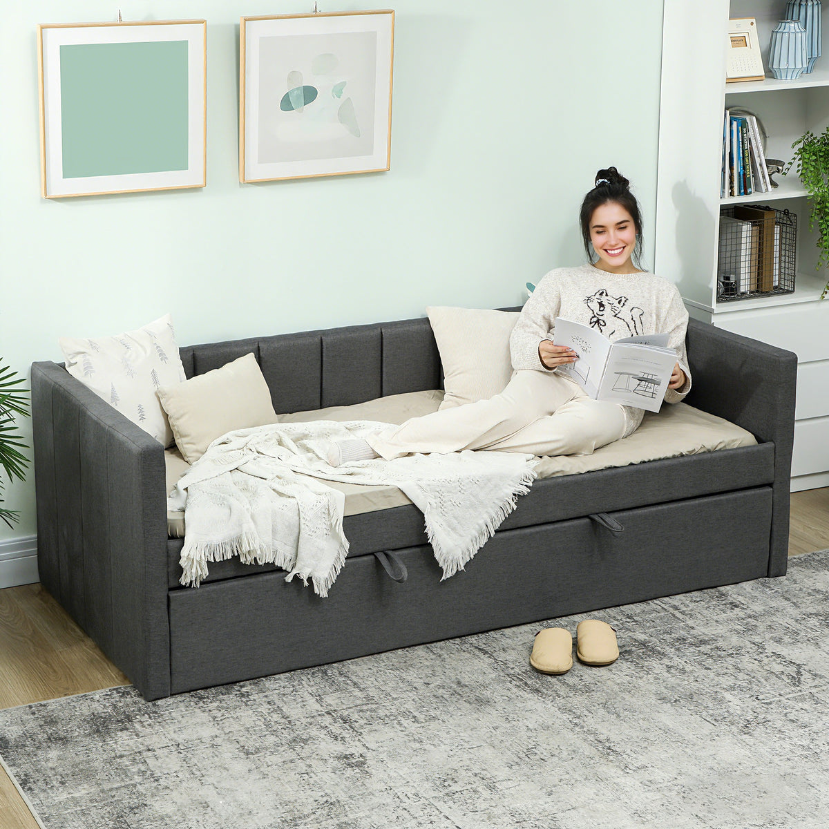 Cama de Solteiro com Segunda Cama Extensível, Revestimento em Tecido e Apoios de Braço, 205x181x70 cm, Cinza Escuro — foto 2