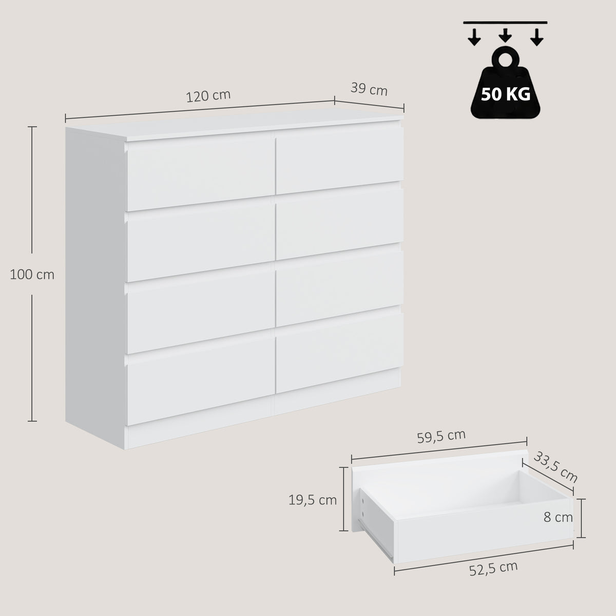 Cômoda Moderna com 8 Gavetas, 120x39x100 cm, Branca — foto 2