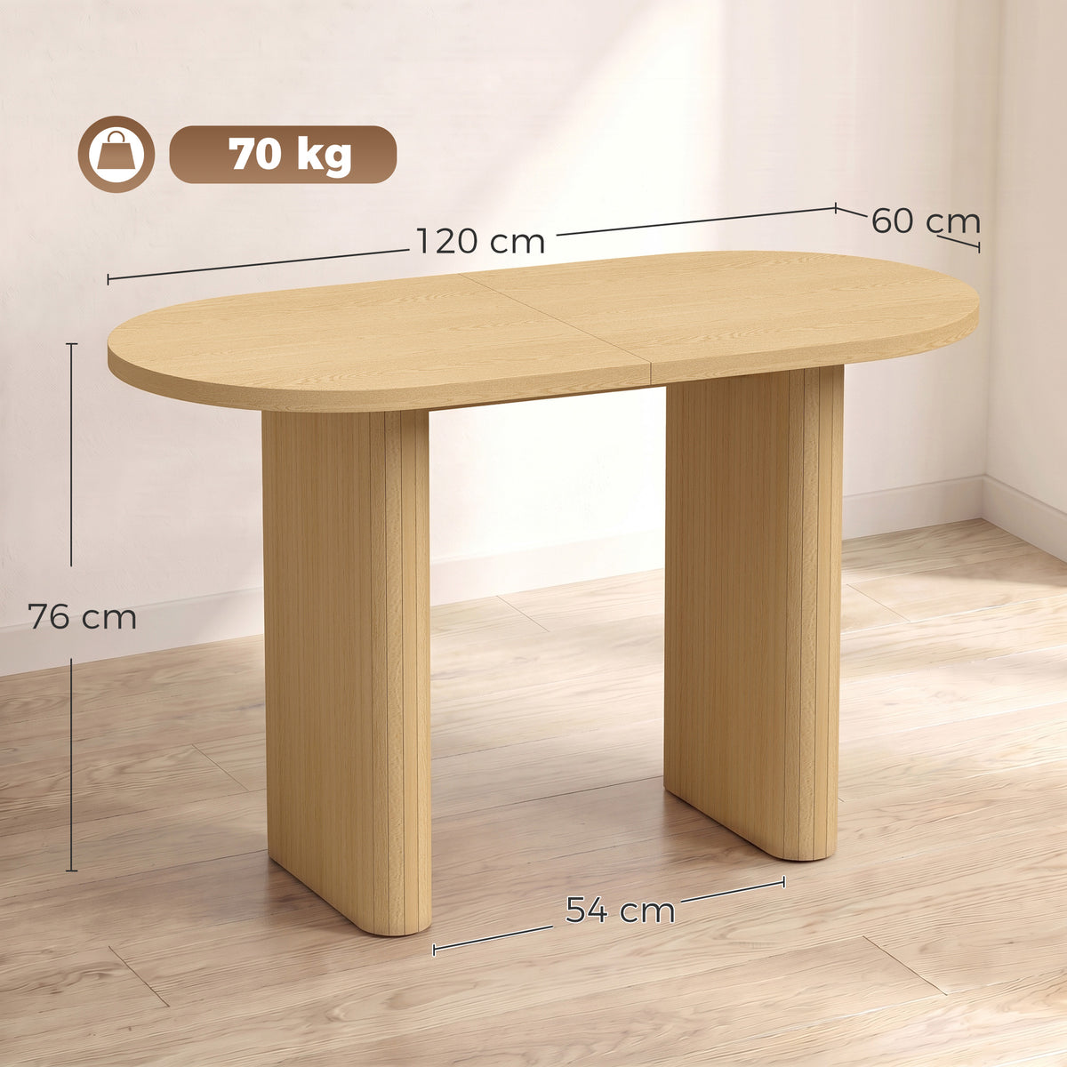 Mesa de Jantar Oval Rústica para 4 Pessoas com Tampo Grosso e Pés Tipo Tambor, 120x60x76 cm, Carvalho — foto 2