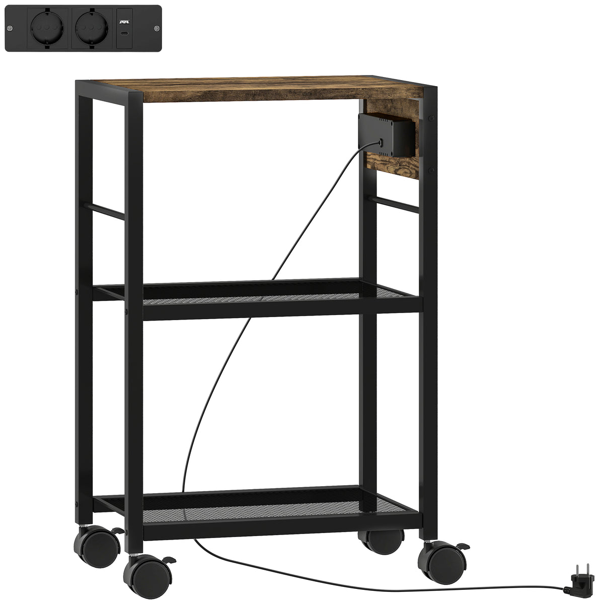 Suporte para Impressora Estante com Rodízios Tomadas Portas USB e USB-C até 40 kg Castanho Rústico — foto 1