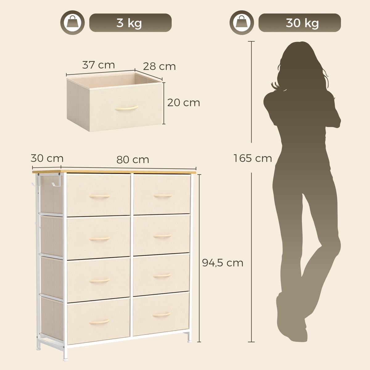 Cómoda de Quarto com 8 Gavetas em Tecido, Bege — foto 2