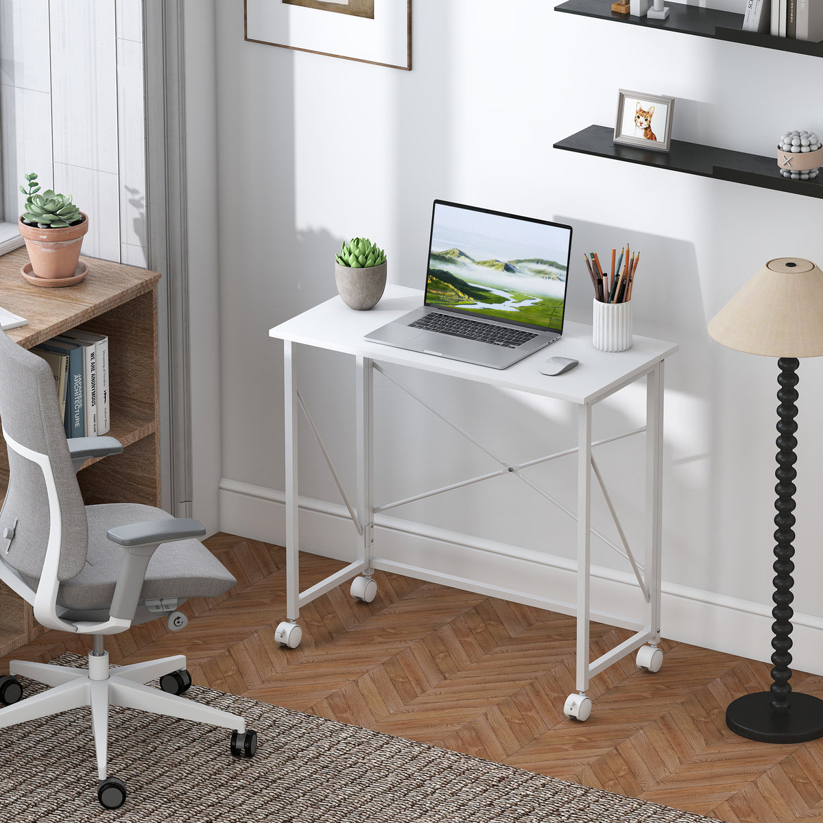Secretária Dobrável Mesa de Computador 80x40 cm com Rodas para Escritório em Casa Quarto Pequenos Espaços Branco — imagem 3