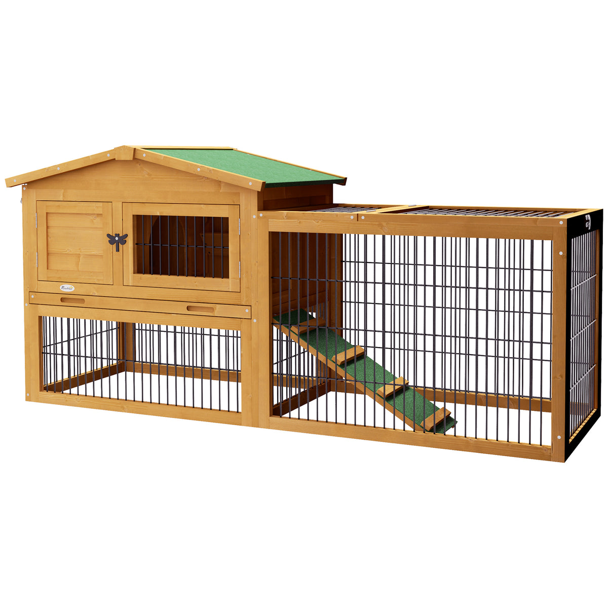 Gaiola para Coelho com Toca Superior Rampa Recinto Exterior Porta Trancável 150x52,5x68 cm Amarelo — foto 1