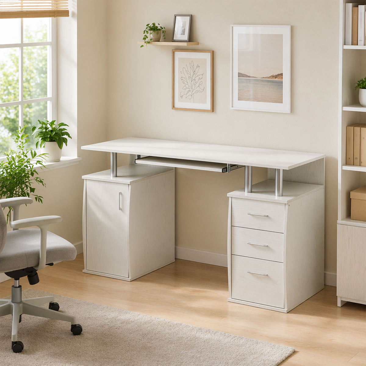 Mesa para Computador Mesa 120x55 cm com Tampo para Teclado 3 Gavetas para Quarto Casa Branca — imagem 3