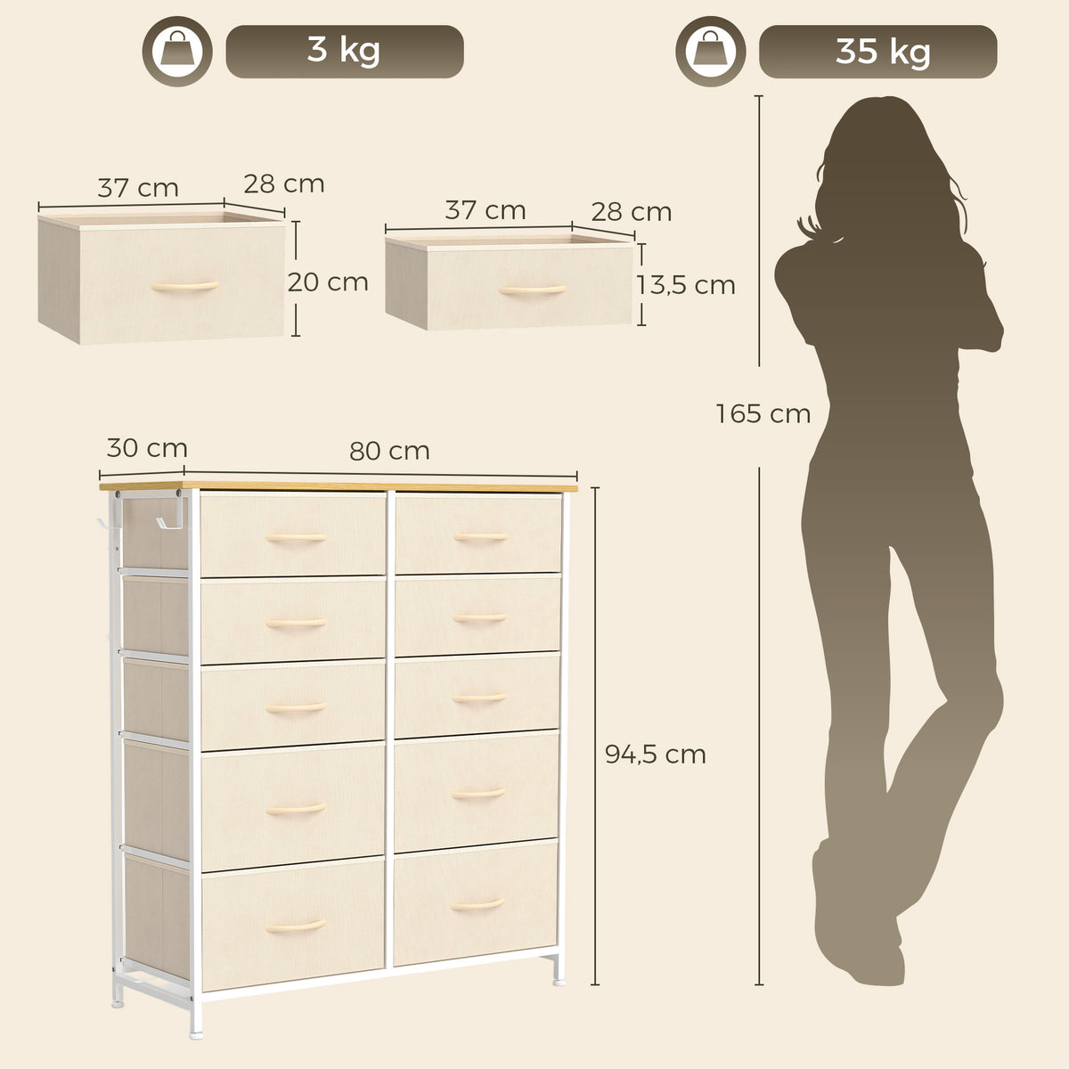 Cômoda 10 Gavetas em Tecido, Móvel de Armazenamento com 4 Bolsos, 2 Ganchos, Estrutura em Aço, 80 x 30 x 94,5 cm, Bege — foto 2