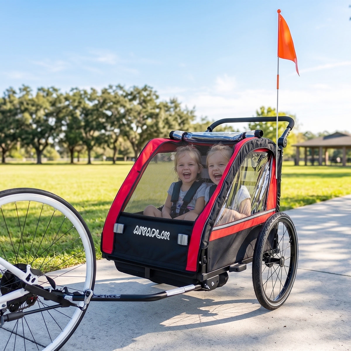 Reboque de bicicleta infantil 2 em 1, carrinho de bicicleta para bebé 2 lugares, guidão ajustável, travão de mão, cinto de segurança, vermelho — imagem 3