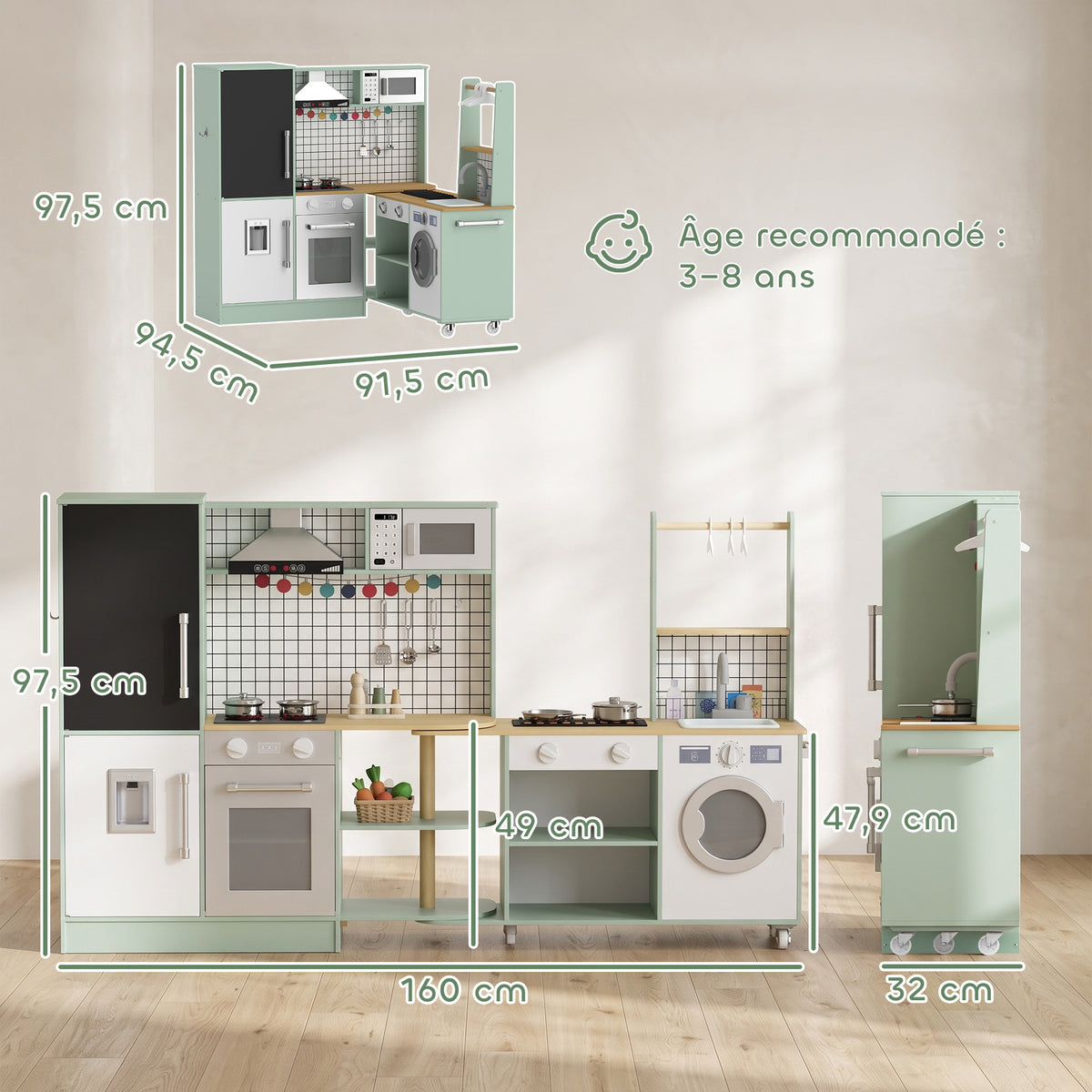 Cozinha Infantil Brinquedo de Imitação Micro-ondas Forno Bancada Rotativa com Rodízios 160x32x97,5 cm Verde Claro — foto 2