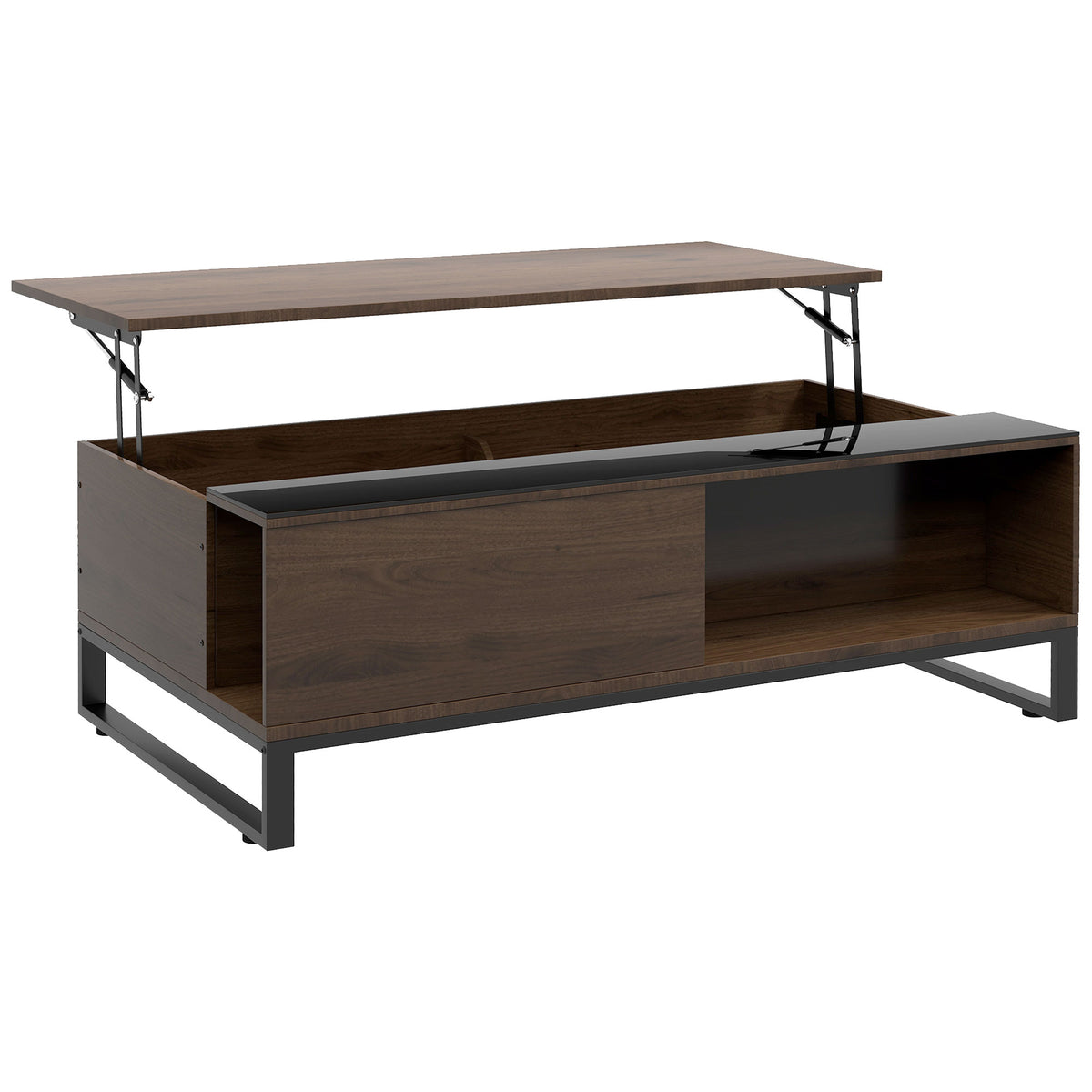 Mesa lateral com função elevatória, compartimento de armazenamento oculto, aparência de madeira nogueira, estrutura de aço, 102 x 58 x 35,5 cm — foto 1