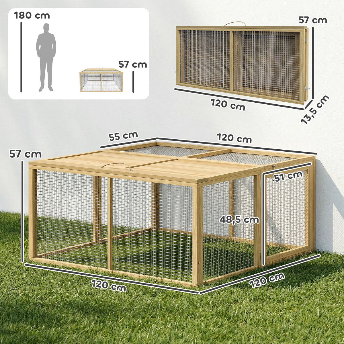 Cercado para Coelho Exterior Gaiola Interna Dobrável Teto Abrível Total Alça 1,44 m² 120x120x57cm Natural — foto 2