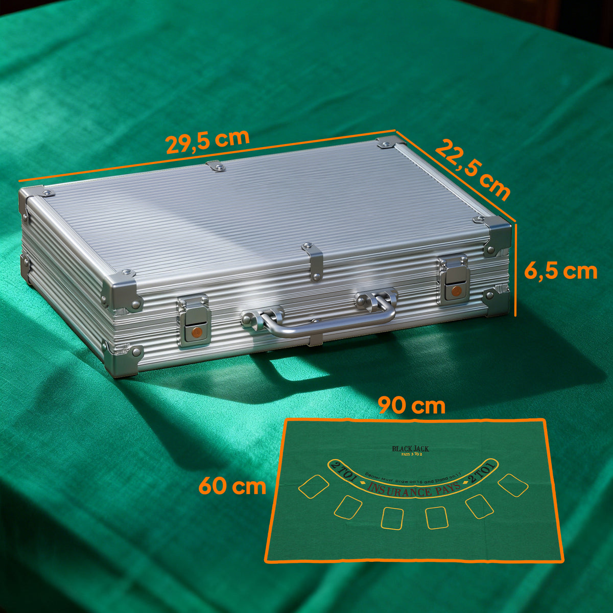 Conjunto de Fichas de Poker em Estojo, com Dados, Dealer Button, 2 Baralhos, Cor Prata — foto 2
