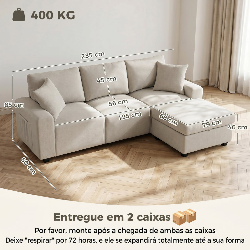 Sofá de Canto 3 Lugares em Tecido Efeito Linho com Compartimento e Pufe Removível 2 Almofadas Bege — foto 2