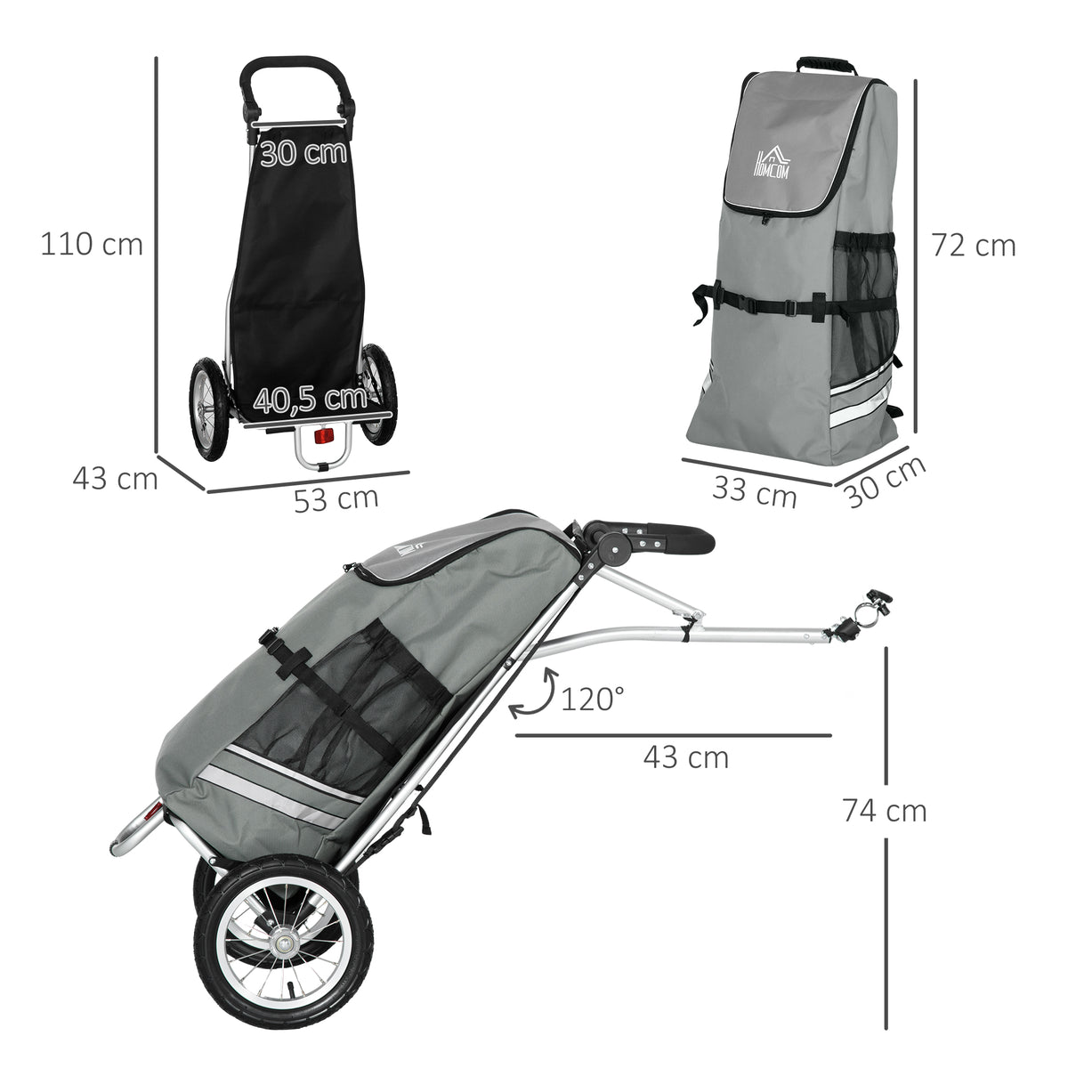 3 em 1 Carrinho de Compras Reboque para Bicicleta Carrinho de Mão 53x43x110 cm Cinza e Prata — foto 2